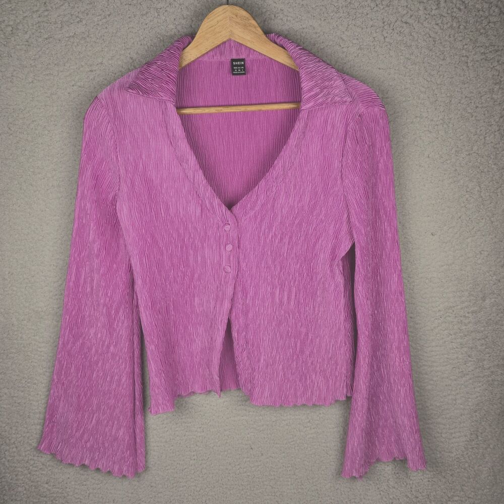 Purple Crinkle Pleat Blazer Jacket M Bell Sleeve Lettuce Hem Cropped Trendy